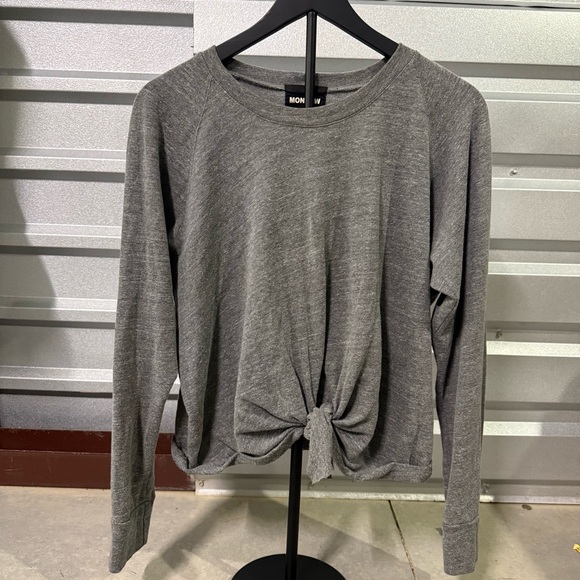 Monrow Tie Front Sweatshirt Gray Relaxed Crewneck Athleisure Lounge Cozy - Picture 1 of 5